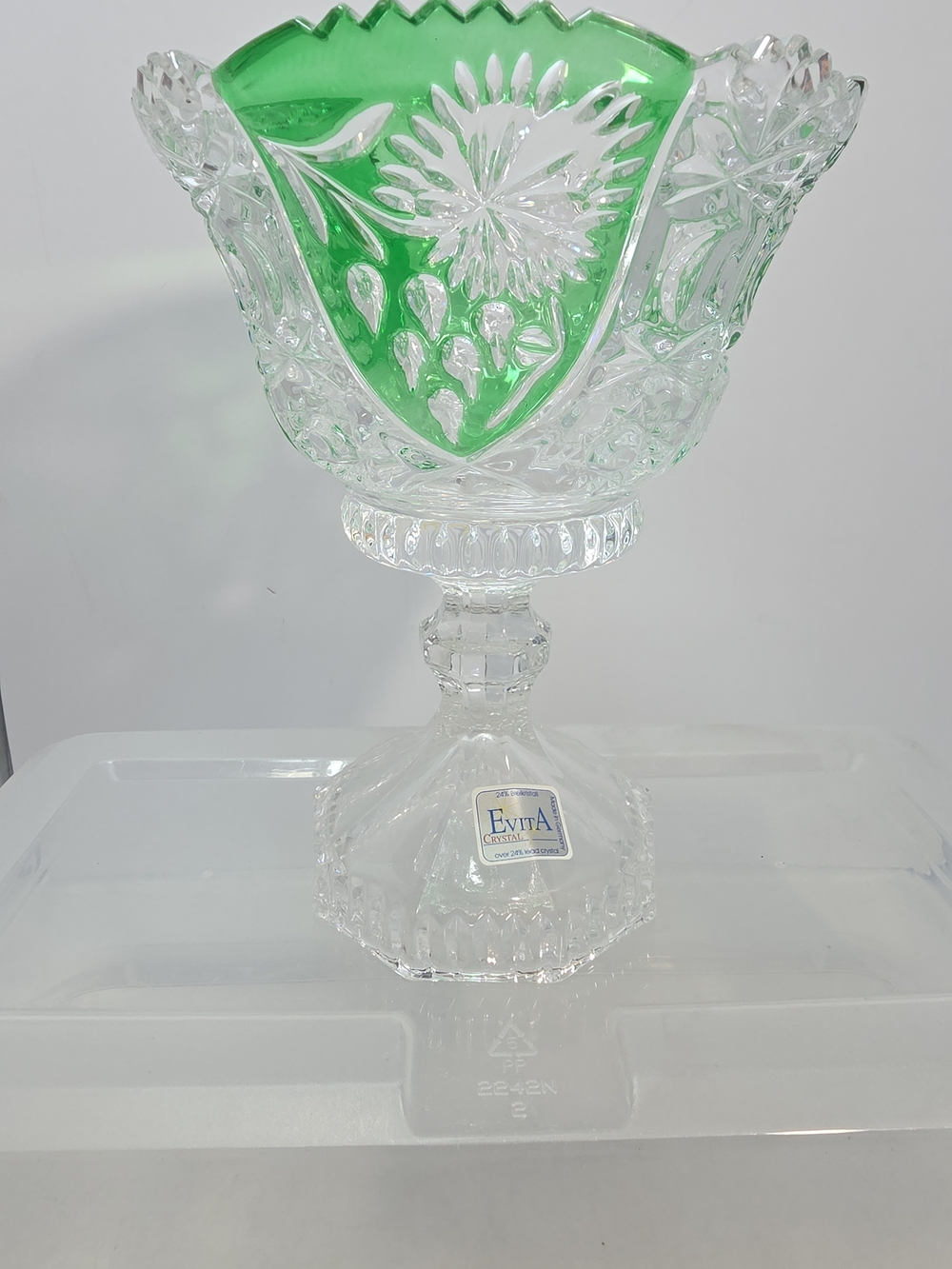 Evita 24% Lead Crystal (Bleikristall) Green Cut-Clear Pedestal Compote Bowl (AB)